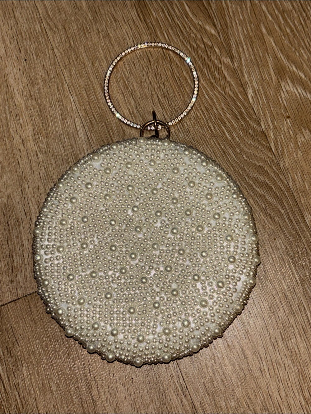 Women's Round Faux-Pearl Evening Clutch Bag with Rhinestone Ring Handle c26